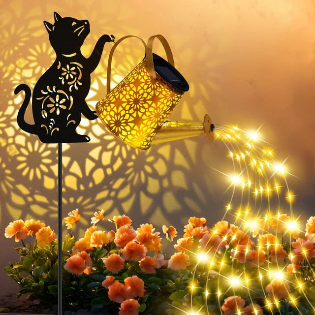 Alt view image 2 of 7 - Solar Garden Lights Outdoor Decor, Cat Watering Can Lights for Yard, 2 Pack Cat Silhouette Watering Can with Cascading Fairy Lights, Waterproof Metal Yard Decor for Patio, Lawn and Garden