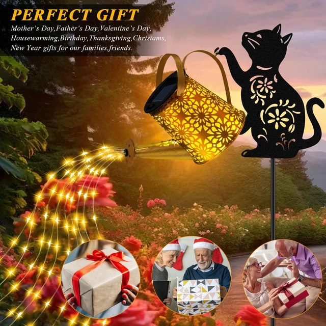 Alt view image 3 of 7 - Solar Garden Lights Outdoor Decor, Cat Watering Can Lights for Yard, 2 Pack Cat Silhouette Watering Can with Cascading Fairy Lights, Waterproof Metal Yard Decor for Patio, Lawn and Garden