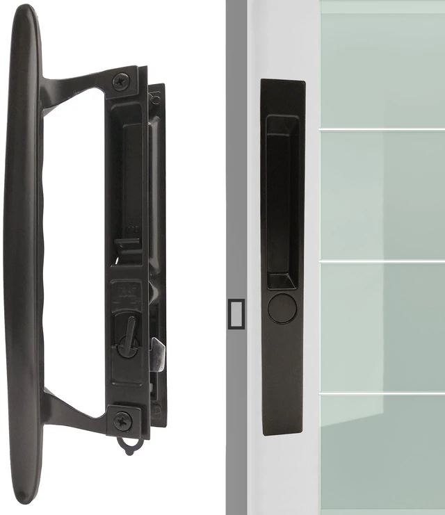 Main image of Flush Mount Non-Keyed Sliding Glass Door Handleset, 6-5/8" H.C., Fits 1" to 1-1/8" Thick Doors, Features Night Lock & Hook Latch, Non-Handed, Florida Bronze