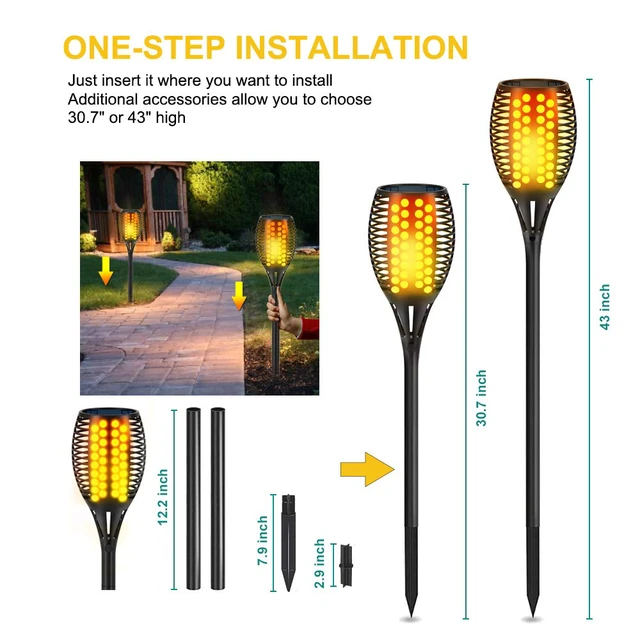 Alt view image 4 of 7 - 43" Flickering Flame Solar Torch Lights Outdoor Waterproof, 4 Pack Realistic 96 LED Flame Effect,Higher & Larger 10-12 Runtime,Landscape Decoration Auto On/Off for Yard Garden Pathway
