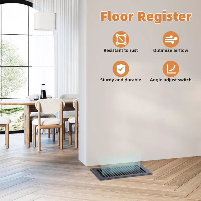 Alt view image 4 of 6 - 6x10 Floor Register, Gray Vent Cover with Adjustable Airflow, 4 Pack Rust-Resistant Steel Floor Vents, Durable & Whisper-Quiet, Tool-Free Drop-In Installation, Great for Living Rooms, Bathrooms