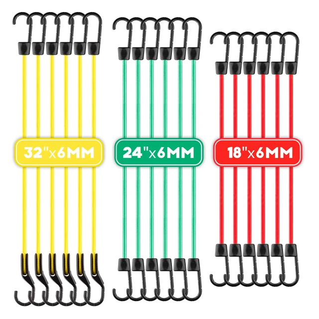Alt view image 4 of 6 - 18-Piece Adjustable Bungee Cord Assortment with Hooks 6PK Each in 18, 24 and 32 in Lengths, Color-Coded Red, Green and Yellow for Vehicles, Cargo, Camping and Storage