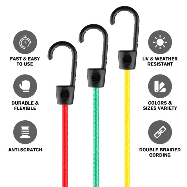 Alt view image 5 of 6 - 18-Piece Adjustable Bungee Cord Assortment with Hooks 6PK Each in 18, 24 and 32 in Lengths, Color-Coded Red, Green and Yellow for Vehicles, Cargo, Camping and Storage