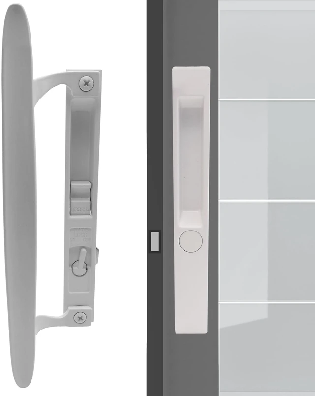Main image of Flush Mount Non-Keyed Sliding Glass Door Handleset, 6-5/8" H.C., Fits 1" to 1-1/8" Thick Doors, Features Night Lock & Hook Latch, Non-Handed, White Diecast