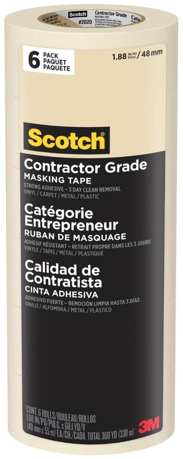 Main image of Painter's Tape Contractor Grade Masking Tape, 6 Rolls, 1.88 in x 60.1 yd, Holds to Surfaces For Up to 3 days, Removes Easily Without Leaving Sticky Residue, Interior & Exterior Use (2020-48TP6)