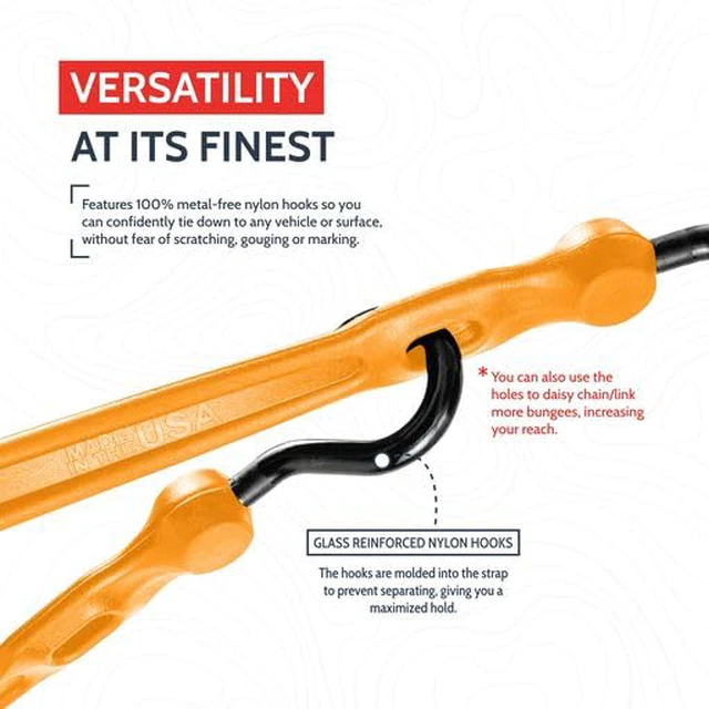 Alt view image 5 of 7 - 36 Adjust-A-Strap Rubber-Free Poly Bungee w Slotted Holes to Adjust Size, Stretches 2X Length, Non-Marring Nylon Hooks, UV Resistant, Heavy-Duty, All-Weather, Made in USA, Orange
