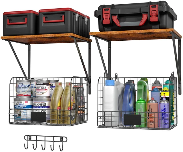 Main image of 2 Pack Garage Shelves Wall Mounted with Wire Storage baskets, Heavy Duty Garage Wall Shelving with Hooks, Wooden floating shelves Tool Organizer for Home Garden Garage Organizers and Storage