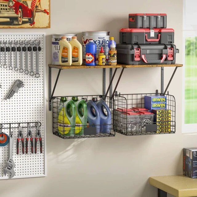 Alt view image 4 of 7 - 2 Pack Garage Shelves Wall Mounted with Wire Storage baskets, Heavy Duty Garage Wall Shelving with Hooks, Wooden floating shelves Tool Organizer for Home Garden Garage Organizers and Storage