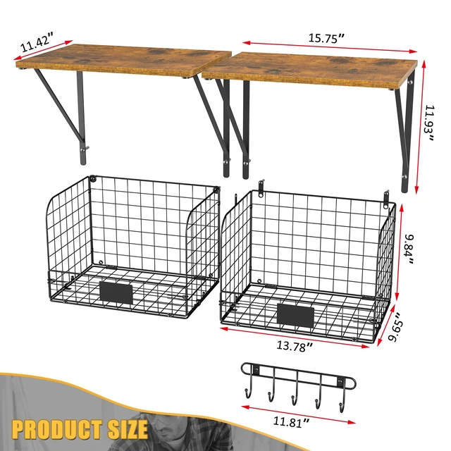Alt view image 3 of 7 - 2 Pack Garage Shelves Wall Mounted with Wire Storage baskets, Heavy Duty Garage Wall Shelving with Hooks, Wooden floating shelves Tool Organizer for Home Garden Garage Organizers and Storage