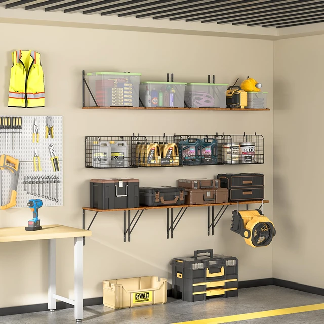 Alt view image 5 of 7 - 2 Pack Garage Shelves Wall Mounted with Wire Storage baskets, Heavy Duty Garage Wall Shelving with Hooks, Wooden floating shelves Tool Organizer for Home Garden Garage Organizers and Storage