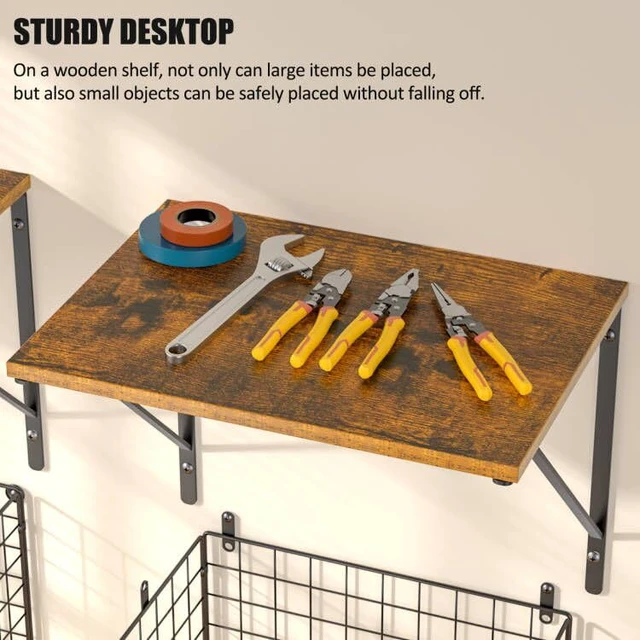 Alt view image 6 of 7 - 2 Pack Garage Shelves Wall Mounted with Wire Storage baskets, Heavy Duty Garage Wall Shelving with Hooks, Wooden floating shelves Tool Organizer for Home Garden Garage Organizers and Storage