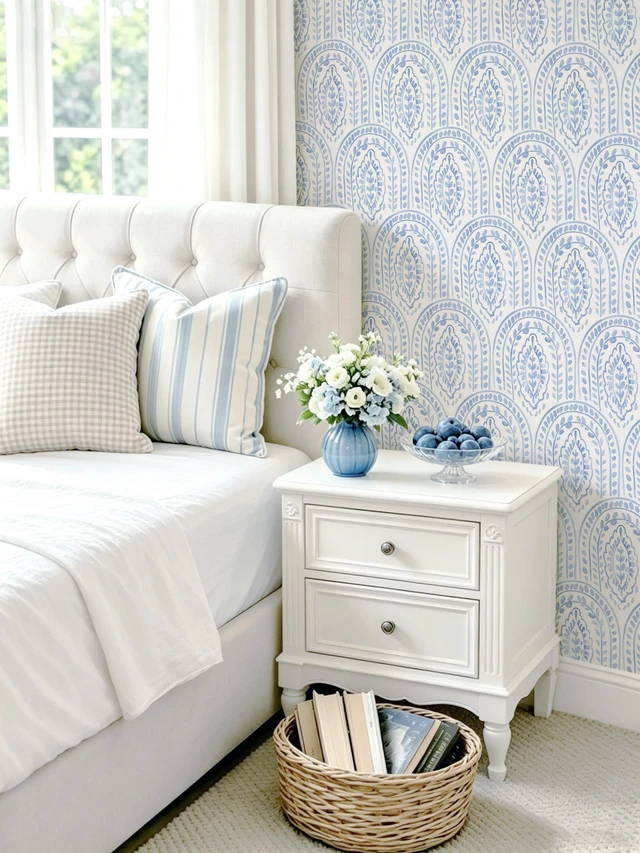Alt view image 2 of 7 - Peel and Stick Wallpaper Modern Wall Paper Boho Contact Paper Removable Peel and Stick Blue and White Self-Adhesive Wallpaper for Bathroom Bedroom Kitchen Wall Decor 17.3" x 394"