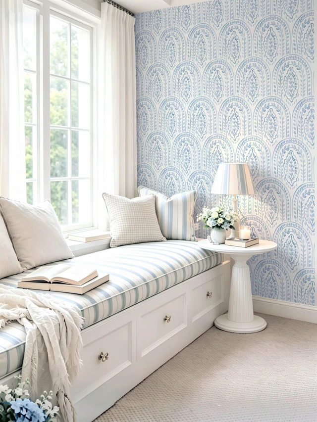 Alt view image 3 of 7 - Peel and Stick Wallpaper Modern Wall Paper Boho Contact Paper Removable Peel and Stick Blue and White Self-Adhesive Wallpaper for Bathroom Bedroom Kitchen Wall Decor 17.3" x 394"