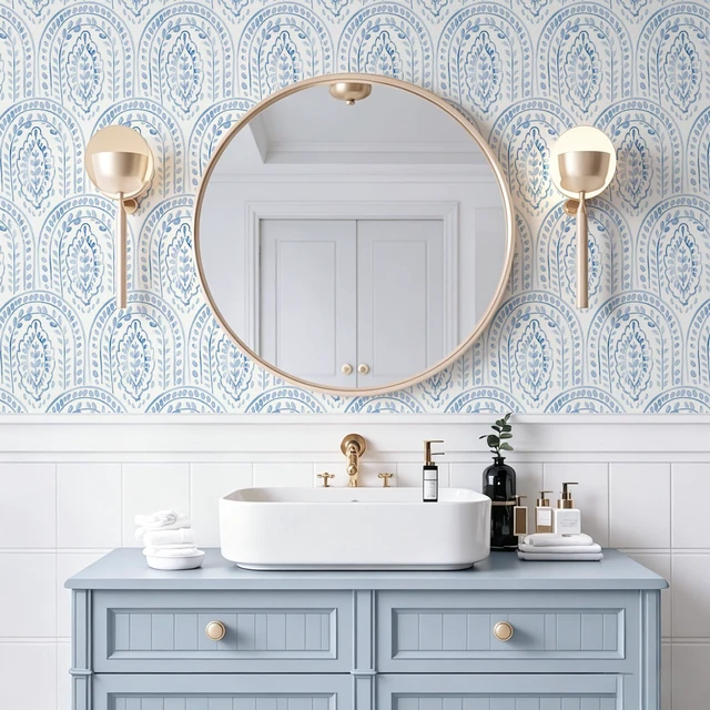 Alt view image 4 of 7 - Peel and Stick Wallpaper Modern Wall Paper Boho Contact Paper Removable Peel and Stick Blue and White Self-Adhesive Wallpaper for Bathroom Bedroom Kitchen Wall Decor 17.3" x 394"