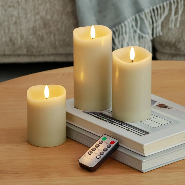 Alt view image 2 of 7 - Beige LED Real Wax Flameless Battery-Operated Pillar Flickering Candles Home Decor Flameless Candles with Remote and Timer 3D Flickering Flame, Melted Edge, 3" x 4",5",6", Set of 3,Christmas Decor