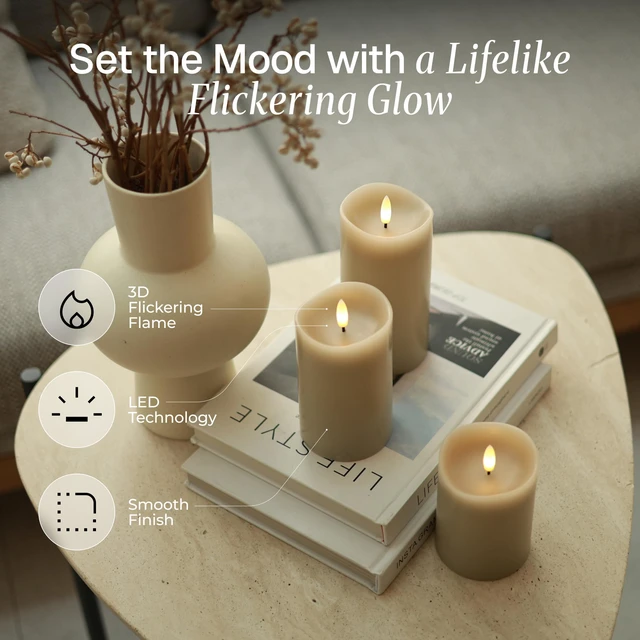 Alt view image 3 of 7 - Beige LED Real Wax Flameless Battery-Operated Pillar Flickering Candles Home Decor Flameless Candles with Remote and Timer 3D Flickering Flame, Melted Edge, 3" x 4",5",6", Set of 3,Christmas Decor