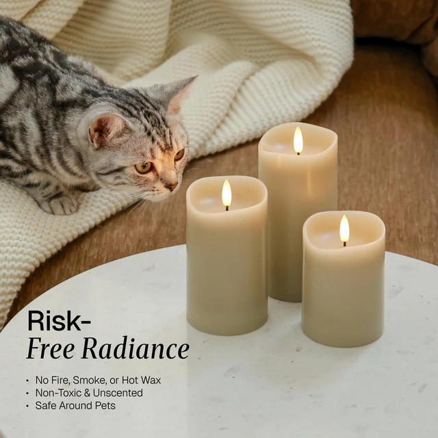 Alt view image 4 of 7 - Beige LED Real Wax Flameless Battery-Operated Pillar Flickering Candles Home Decor Flameless Candles with Remote and Timer 3D Flickering Flame, Melted Edge, 3" x 4",5",6", Set of 3,Christmas Decor