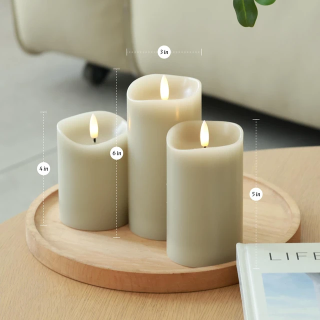 Alt view image 5 of 7 - Beige LED Real Wax Flameless Battery-Operated Pillar Flickering Candles Home Decor Flameless Candles with Remote and Timer 3D Flickering Flame, Melted Edge, 3" x 4",5",6", Set of 3,Christmas Decor