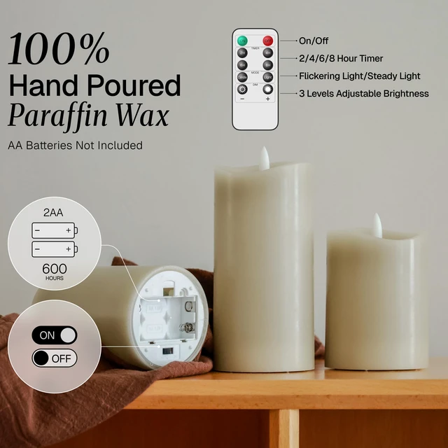 Alt view image 6 of 7 - Beige LED Real Wax Flameless Battery-Operated Pillar Flickering Candles Home Decor Flameless Candles with Remote and Timer 3D Flickering Flame, Melted Edge, 3" x 4",5",6", Set of 3,Christmas Decor