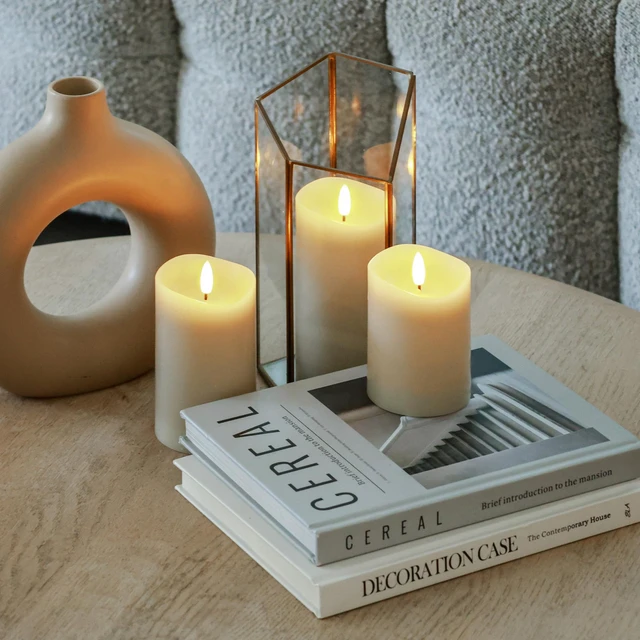 Alt view image 7 of 7 - Beige LED Real Wax Flameless Battery-Operated Pillar Flickering Candles Home Decor Flameless Candles with Remote and Timer 3D Flickering Flame, Melted Edge, 3" x 4",5",6", Set of 3,Christmas Decor
