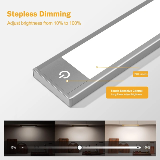 Alt view image 4 of 7 - Motion Sensor Cabinet Light, Rechargeable, Dimmable, 2Pcs, 9in Silver aluminum, magnetic wireless, 1800mAh, 3 color temps & dimmable, ideal for kitchen, pantry & closets