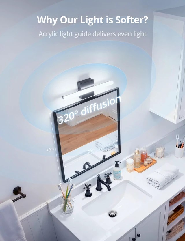 Alt view image 3 of 7 - Bathroom Light Fixtures Above Mirror, Black Modern Vanity Lamp Bar Small 16 Inch, 5 Color Adjustable, Bright Soft Lighting, Simple Slim Linear, Wall Lamp for Restroom Mirror, IP44 Rustproof