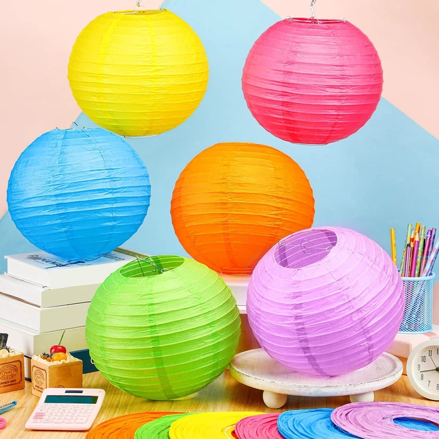 Alt view image 2 of 7 - 12 Pcs 10" Modern Neon Paper Lanterns Party Classroom Decor Colorful Hanging Paper Lanterns, Neon Classroom Ceiling Decor, Glow in The Dark Party Supplies for Birthday Wedding