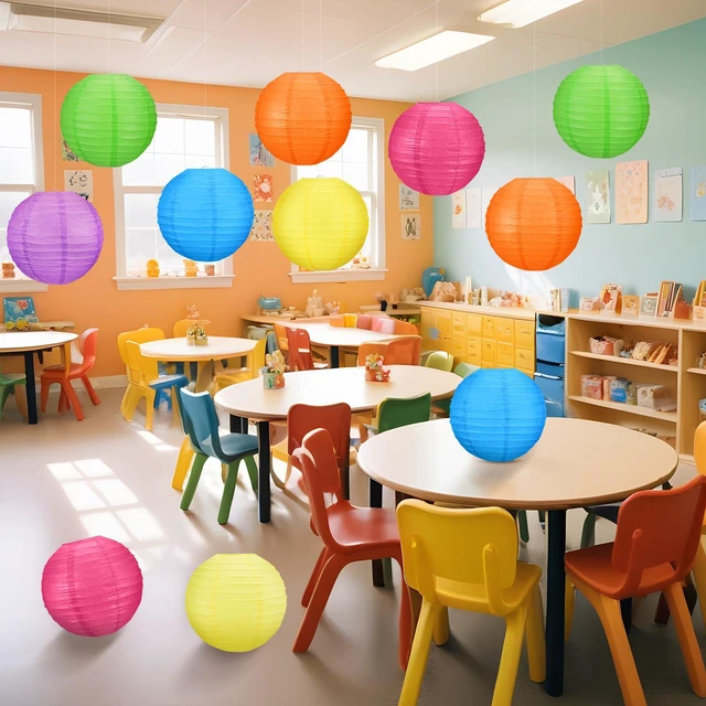 Alt view image 5 of 7 - 12 Pcs 10" Modern Neon Paper Lanterns Party Classroom Decor Colorful Hanging Paper Lanterns, Neon Classroom Ceiling Decor, Glow in The Dark Party Supplies for Birthday Wedding