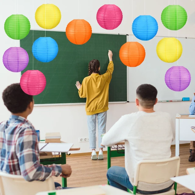 Alt view image 6 of 7 - 12 Pcs 10" Modern Neon Paper Lanterns Party Classroom Decor Colorful Hanging Paper Lanterns, Neon Classroom Ceiling Decor, Glow in The Dark Party Supplies for Birthday Wedding