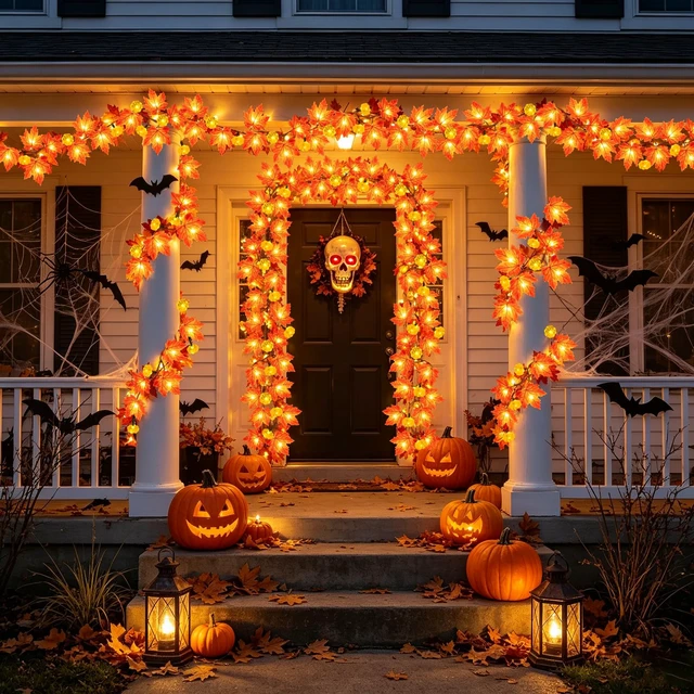 Alt view image 6 of 7 - Timer&3 Pack Halloween Fall Decor Fall Garland with Pumpkin Lights 60LED Patented Realistic Maple Leaves 30Ft Halloween Pumpkin Garland Battery Operated Thanksgiving Fall Halloween Decorations