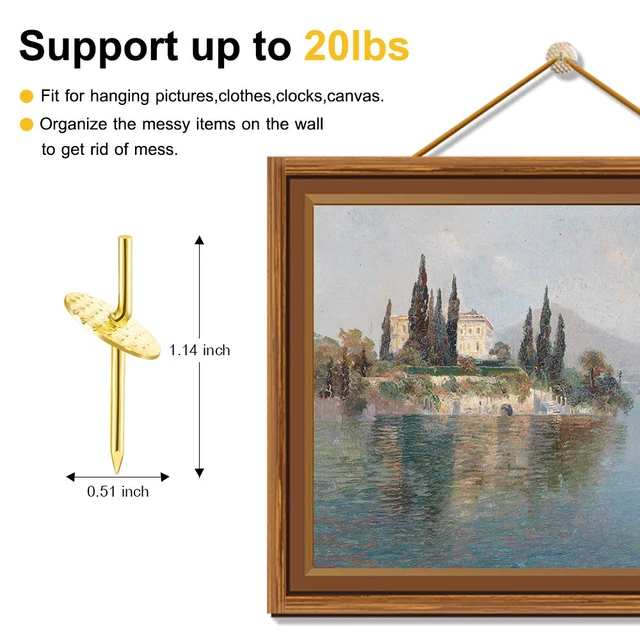 Alt view image 2 of 7 - 60pcs Picture Hangers, 20lbs Picture Hanging Hooks, Iron Alloy Nail Hooks, Professional Plaster Picture Hanging Kit on Wooden/Drywall Hanging Hardware for Clock,Mirror,Jewelry Golden (Pack of 2)