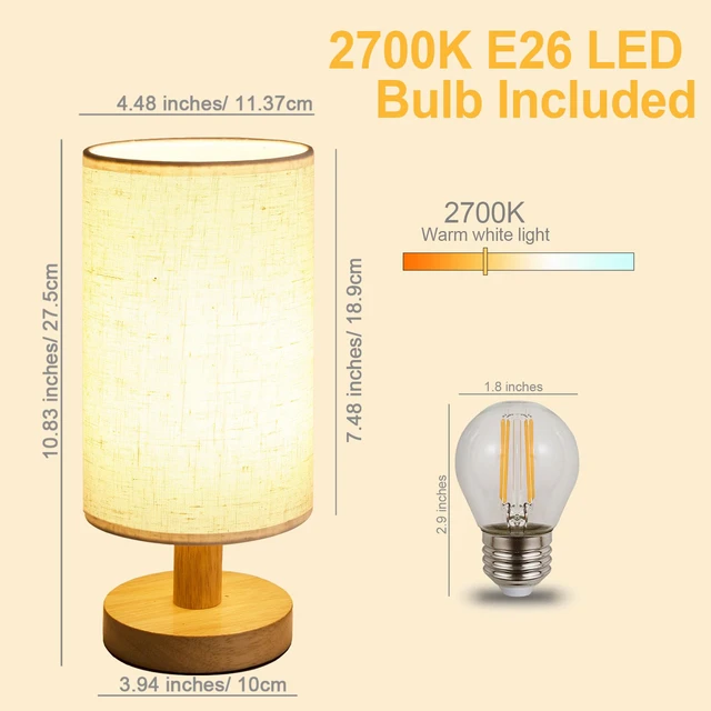 Alt view image 3 of 7 - Small Bedside Table Lamp for Bedroom, Minimalist Wood Base & Round Fabric Shade, Mini Cute Cozy Warm White Nightstand Boho Lamp, Study Desk Night Stand Light for Room, Dorm, Nursery, Living Room