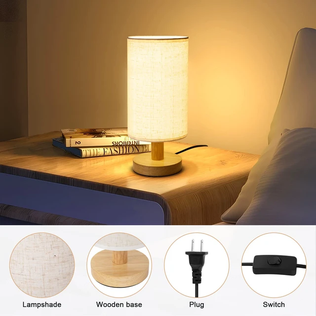Alt view image 4 of 7 - Small Bedside Table Lamp for Bedroom, Minimalist Wood Base & Round Fabric Shade, Mini Cute Cozy Warm White Nightstand Boho Lamp, Study Desk Night Stand Light for Room, Dorm, Nursery, Living Room