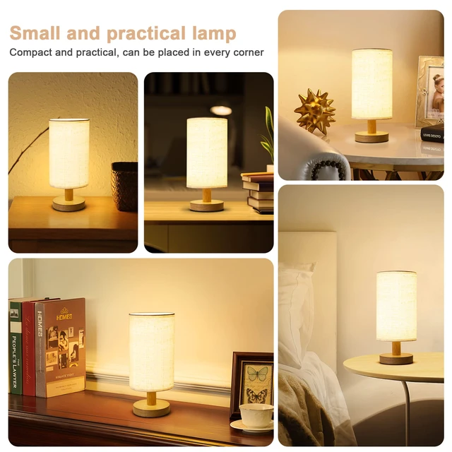 Alt view image 7 of 7 - Small Bedside Table Lamp for Bedroom, Minimalist Wood Base & Round Fabric Shade, Mini Cute Cozy Warm White Nightstand Boho Lamp, Study Desk Night Stand Light for Room, Dorm, Nursery, Living Room