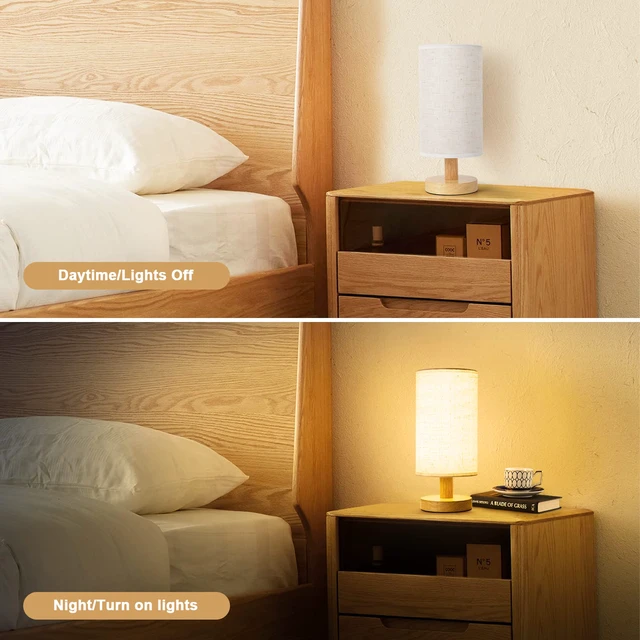 Alt view image 6 of 7 - Small Bedside Table Lamp for Bedroom, Minimalist Wood Base & Round Fabric Shade, Mini Cute Cozy Warm White Nightstand Boho Lamp, Study Desk Night Stand Light for Room, Dorm, Nursery, Living Room