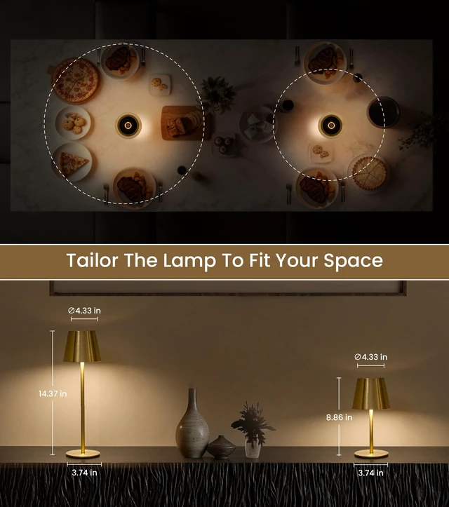 Alt view image 7 of 7 - Cordless Table Lamp, Portable Battery Operated Lamp with 3 Color Temps and Stepless Dimming, Rechargeable Table Lamp for Dinner, Desk, Cafe, Outdoor (Brushed Gold)