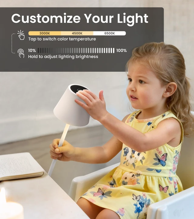 Alt view image 3 of 7 - Cordless Table Lamp, Portable Battery Operated Lamp with 3 Color Temps and Stepless Dimming, Rechargeable Table Lamp for Dinner, Desk, Cafe, Outdoor (White)
