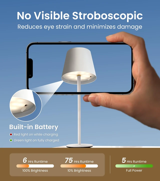 Alt view image 7 of 7 - Cordless Table Lamp, Portable Battery Operated Lamp with 3 Color Temps and Stepless Dimming, Rechargeable Table Lamp for Dinner, Desk, Cafe, Outdoor (White)