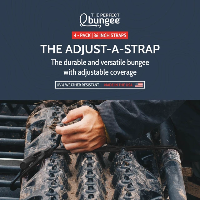 Alt view image 2 of 7 - 36" Adjust-A-Strap, Adjustable Heavy Duty Polyurethane Bungee Strap, Heavy Duty Nylon Hooks, Made in the USA, 4 Pack, Black