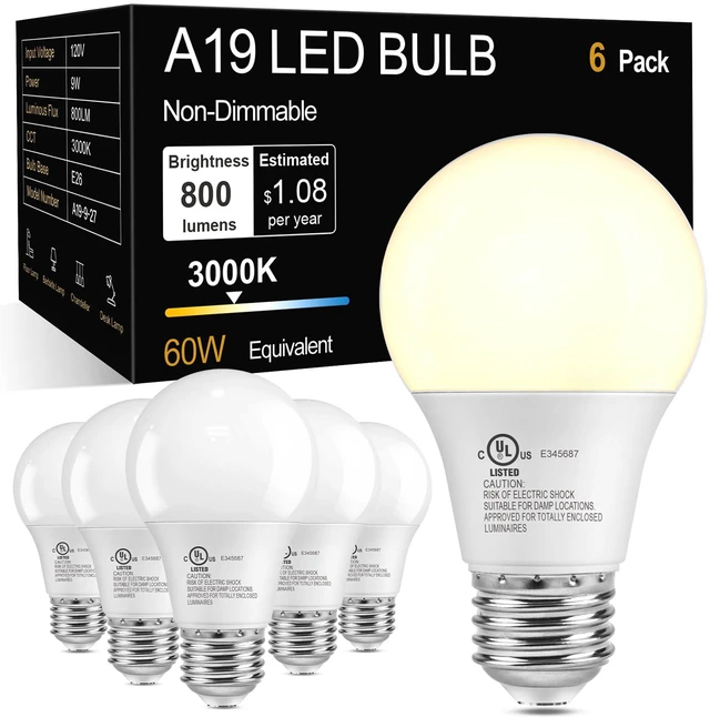 Main image of A19 LED Light Bulbs, 3000K Soft Warm Yellow White, 60W Eq,Standard E26 9W Energy Saving 85% Efficient, 800LM, Medium Base Lightbulbs for Home Indoor Lamps, CRI 85+, UL, 120V, Non-Dimmable, 6 Pack