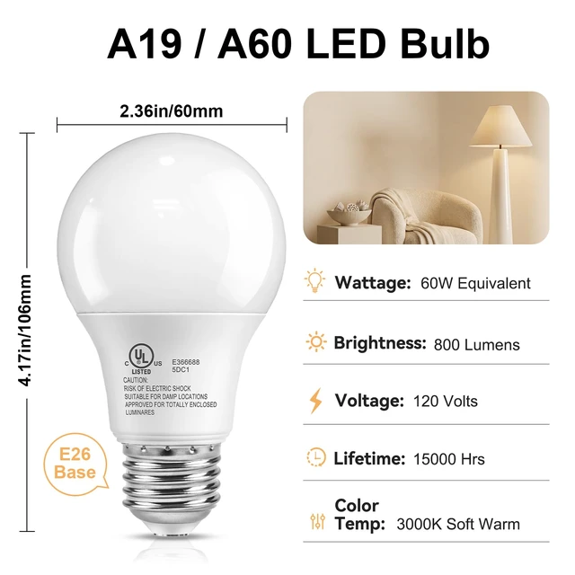 Alt view image 2 of 7 - A19 LED Light Bulbs, 3000K Soft Warm Yellow White, 60W Eq,Standard E26 9W Energy Saving 85% Efficient, 800LM, Medium Base Lightbulbs for Home Indoor Lamps, CRI 85+, UL, 120V, Non-Dimmable, 6 Pack