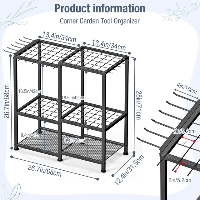 Alt view image 2 of 7 - Garden Tool Organizer, Metal Yard Tool Organizer,Holds 70 Long-Handled Tools/Rakes/Brooms,Side Garden Pocket,Heavy Duty Steel Yard Tool Storage Rack for Garage,Shed, Outdoor(Black-Large)