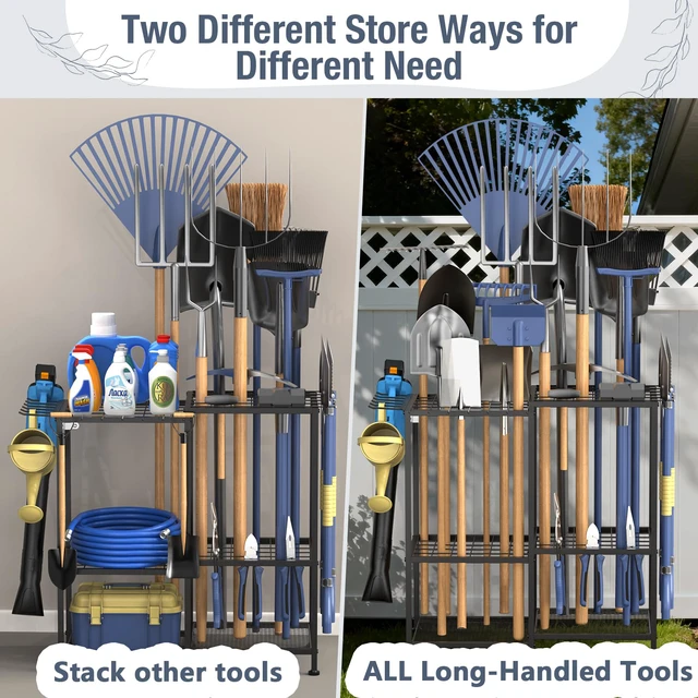 Alt view image 3 of 7 - Garden Tool Organizer, Metal Yard Tool Organizer,Holds 70 Long-Handled Tools/Rakes/Brooms,Side Garden Pocket,Heavy Duty Steel Yard Tool Storage Rack for Garage,Shed, Outdoor(Black-Large)