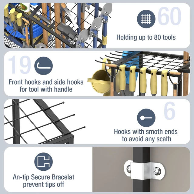 Alt view image 5 of 7 - Garden Tool Organizer, Metal Yard Tool Organizer,Holds 70 Long-Handled Tools/Rakes/Brooms,Side Garden Pocket,Heavy Duty Steel Yard Tool Storage Rack for Garage,Shed, Outdoor(Black-Large)