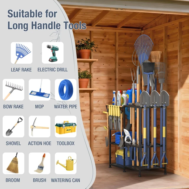 Alt view image 6 of 7 - Garden Tool Organizer, Metal Yard Tool Organizer,Holds 70 Long-Handled Tools/Rakes/Brooms,Side Garden Pocket,Heavy Duty Steel Yard Tool Storage Rack for Garage,Shed, Outdoor(Black-Large)