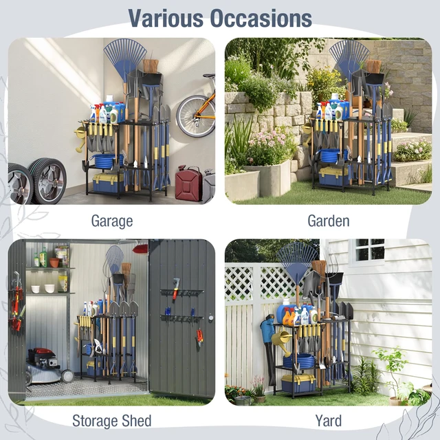 Alt view image 7 of 7 - Garden Tool Organizer, Metal Yard Tool Organizer,Holds 70 Long-Handled Tools/Rakes/Brooms,Side Garden Pocket,Heavy Duty Steel Yard Tool Storage Rack for Garage,Shed, Outdoor(Black-Large)