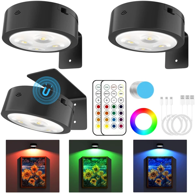 Main image of 3 Pack Picture Lights for Wall, 13 RGB Color Rechargeable Battery Operated wall lights, Picture Frame lights with 3 Lighting Modes, Wireless Magnetic Painting Light with Remote Control Timer, (Black)