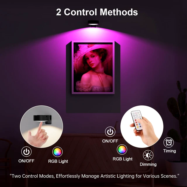 Alt view image 3 of 7 - 3 Pack Picture Lights for Wall, 13 RGB Color Rechargeable Battery Operated wall lights, Picture Frame lights with 3 Lighting Modes, Wireless Magnetic Painting Light with Remote Control Timer, (Black)