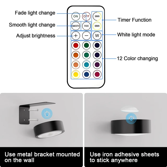 Alt view image 4 of 7 - 3 Pack Picture Lights for Wall, 13 RGB Color Rechargeable Battery Operated wall lights, Picture Frame lights with 3 Lighting Modes, Wireless Magnetic Painting Light with Remote Control Timer, (Black)