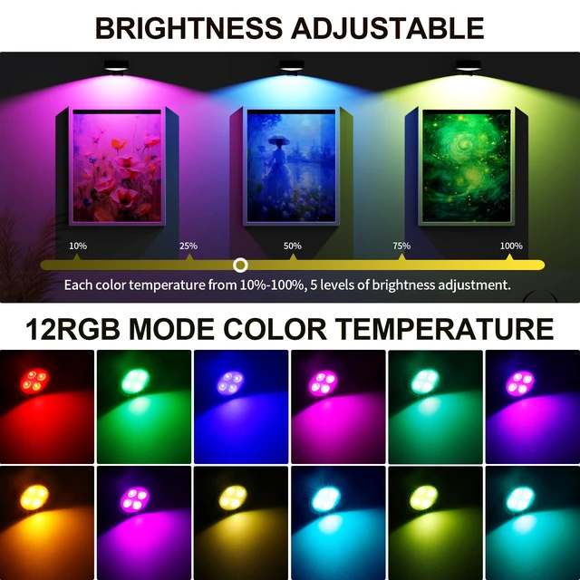 Alt view image 6 of 7 - 3 Pack Picture Lights for Wall, 13 RGB Color Rechargeable Battery Operated wall lights, Picture Frame lights with 3 Lighting Modes, Wireless Magnetic Painting Light with Remote Control Timer, (Black)